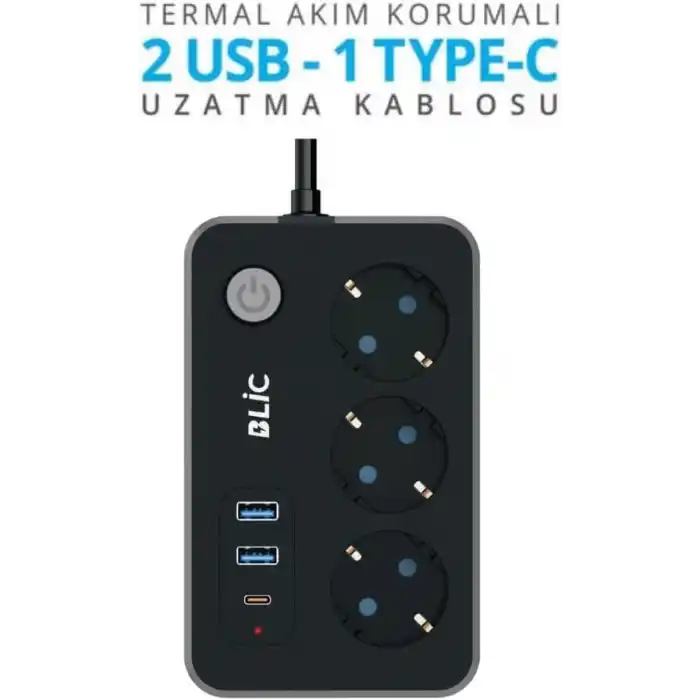 Akım Korumalı Priz, 3x Priz Soketi, 2x Usb Girişi, 1x Type-C Girişi, Tasarruflu Uzatma Kablosu, Çocuk Korumalı Adaptör (2 Metre)