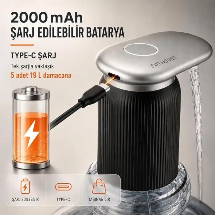 Ultra Sessiz Şarjlı Otomatik Damacana Su Pompası Yüksek Hızlı Akış 2000mAh Pil