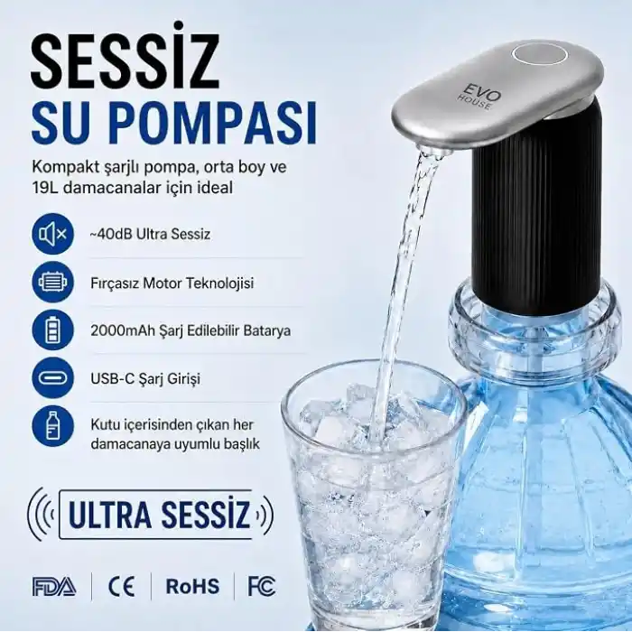 Ultra Sessiz Şarjlı Otomatik Damacana Su Pompası Yüksek Hızlı Akış 2000mAh Pil