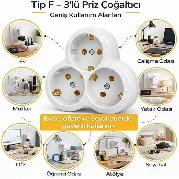 3lü Golyat Priz, Topraklı Çoklu Elektrik Prizi, Dayanıklı Çoklu Fiş Çoğaltıcı, Ev, Ofis, Atölye ve İş Yeri İçin Üçlü Priz Adaptörü, Yüksek Güvenlikli Priz Çoğaltıcı