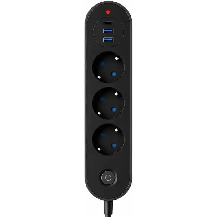 Robeve Blic Termal Akım Korumalı 3’lü Priz 2500W – 1 USB-C + 2 USB-A Hızlı Şarj Girişli Çoklu Priz – Aşırı Akım, Isınma ve Kısa Devre Korumalı Aç/Kapa Anahtarlı Siyah Uzatma Prizi Grup Priz