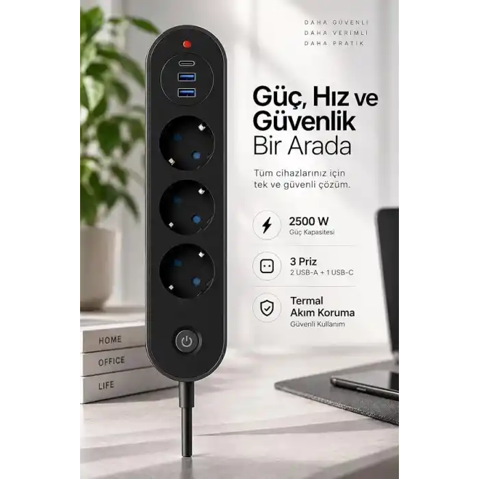Robeve Blic Termal Akım Korumalı 3’lü Priz 2500W – 1 USB-C + 2 USB-A Hızlı Şarj Girişli Çoklu Priz – Aşırı Akım, Isınma ve Kısa Devre Korumalı Aç/Kapa Anahtarlı Siyah Uzatma Prizi Grup Priz