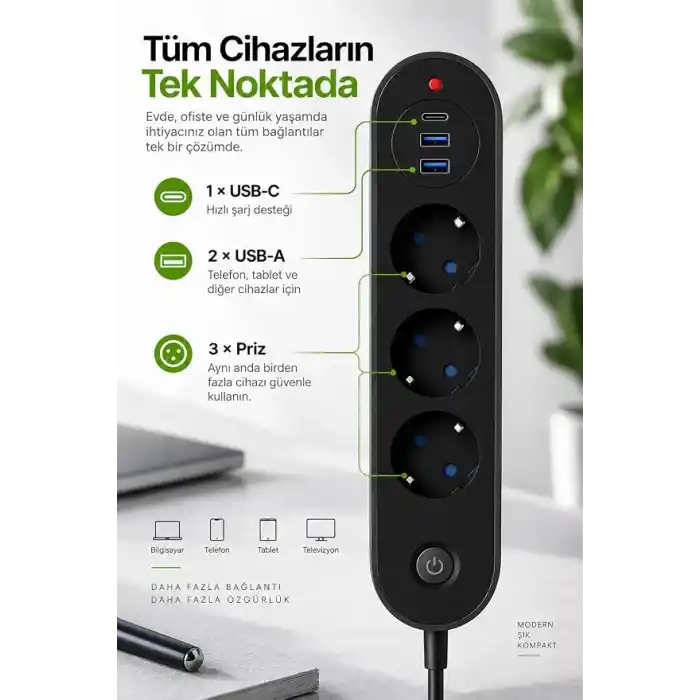 Robeve Blic Termal Akım Korumalı 3’lü Priz 2500W – 1 USB-C + 2 USB-A Hızlı Şarj Girişli Çoklu Priz – Aşırı Akım, Isınma ve Kısa Devre Korumalı Aç/Kapa Anahtarlı Siyah Uzatma Prizi Grup Priz