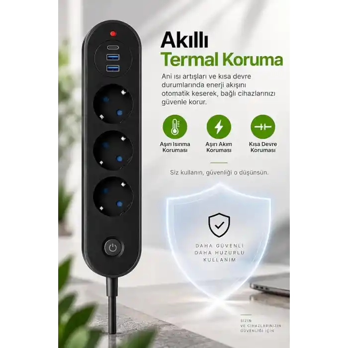Robeve Blic Termal Akım Korumalı 3’lü Priz 2500W – 1 USB-C + 2 USB-A Hızlı Şarj Girişli Çoklu Priz – Aşırı Akım, Isınma ve Kısa Devre Korumalı Aç/Kapa Anahtarlı Siyah Uzatma Prizi Grup Priz