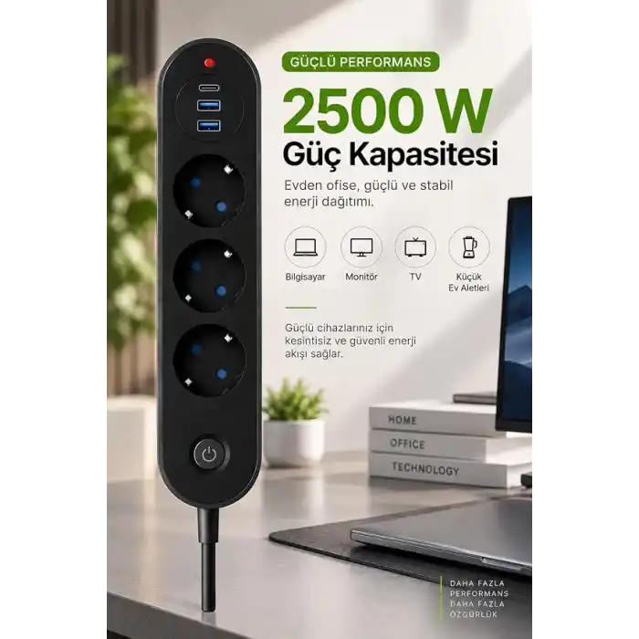 Robeve Blic Termal Akım Korumalı 3’lü Priz 2500W – 1 USB-C + 2 USB-A Hızlı Şarj Girişli Çoklu Priz – Aşırı Akım, Isınma ve Kısa Devre Korumalı Aç/Kapa Anahtarlı Siyah Uzatma Prizi Grup Priz