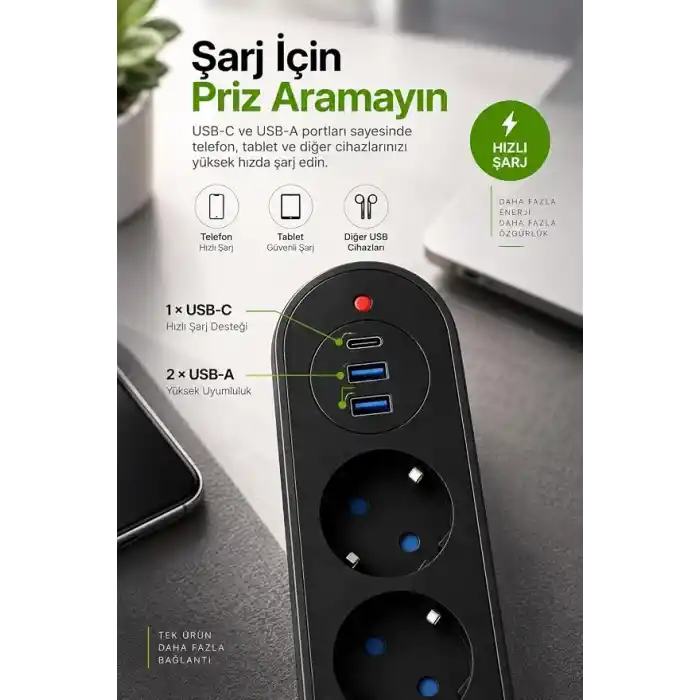 Robeve Blic Termal Akım Korumalı 3’lü Priz 2500W – 1 USB-C + 2 USB-A Hızlı Şarj Girişli Çoklu Priz – Aşırı Akım, Isınma ve Kısa Devre Korumalı Aç/Kapa Anahtarlı Siyah Uzatma Prizi Grup Priz