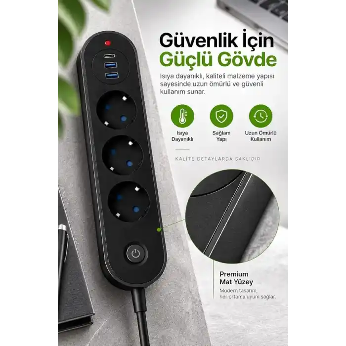 Robeve Blic Termal Akım Korumalı 3’lü Priz 2500W – 1 USB-C + 2 USB-A Hızlı Şarj Girişli Çoklu Priz – Aşırı Akım, Isınma ve Kısa Devre Korumalı Aç/Kapa Anahtarlı Siyah Uzatma Prizi Grup Priz