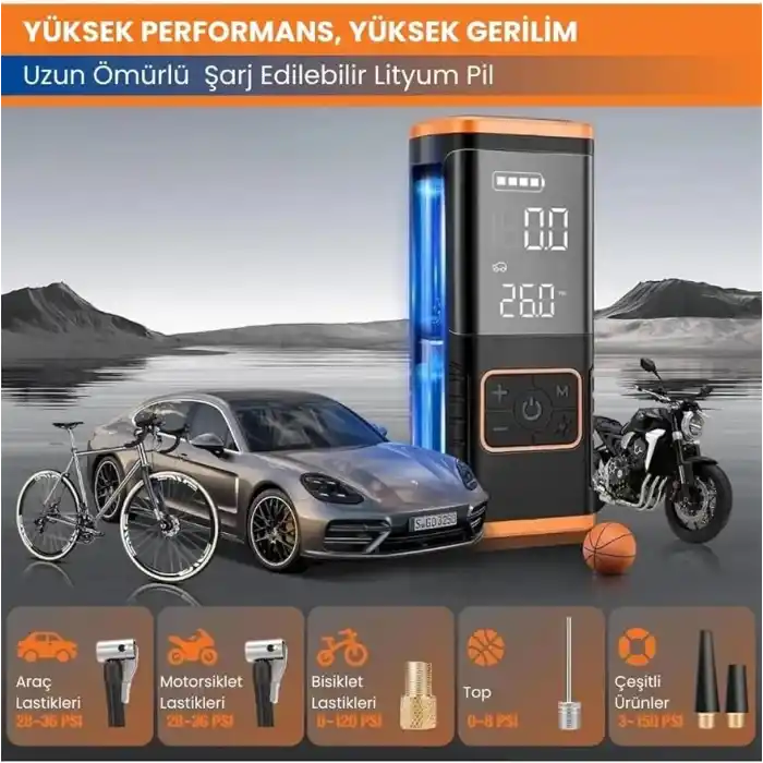 Enshall Taşınabilir Hava Kompresörü Lastik Şişirme - 150PSI Araba Lastikleri Hava Pompası Lastik Basınç Ölçerli LED Işık, 5400mAh Pil ve 12V DC Akıllı Lastik Şişirme Cihazı Araba, Motosiklet, Bisiklet
