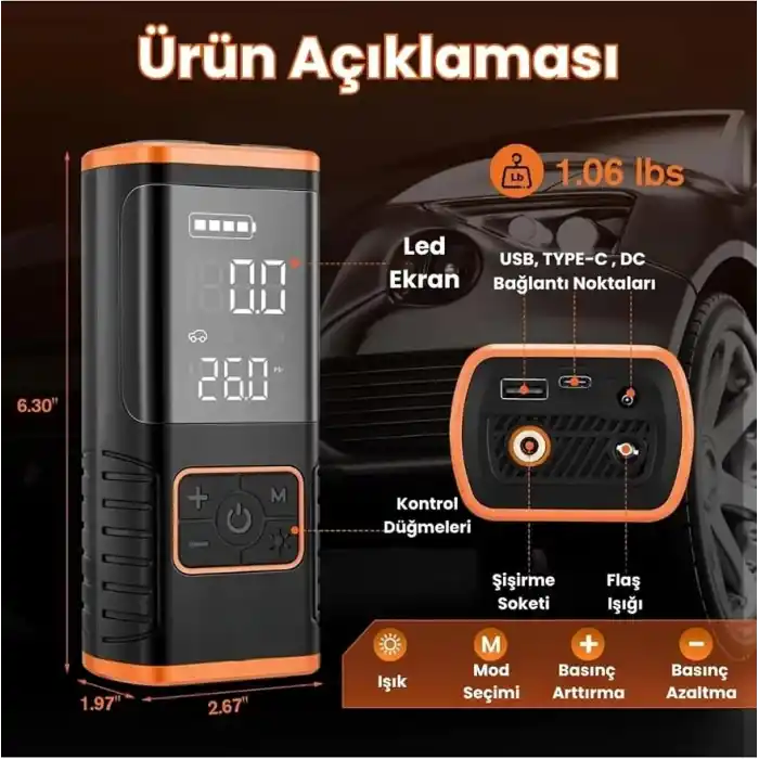 Enshall Taşınabilir Hava Kompresörü Lastik Şişirme - 150PSI Araba Lastikleri Hava Pompası Lastik Basınç Ölçerli LED Işık, 5400mAh Pil ve 12V DC Akıllı Lastik Şişirme Cihazı Araba, Motosiklet, Bisiklet