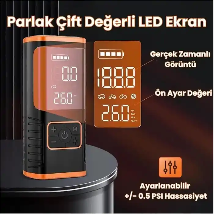 Enshall Taşınabilir Hava Kompresörü Lastik Şişirme - 150PSI Araba Lastikleri Hava Pompası Lastik Basınç Ölçerli LED Işık, 5400mAh Pil ve 12V DC Akıllı Lastik Şişirme Cihazı Araba, Motosiklet, Bisiklet