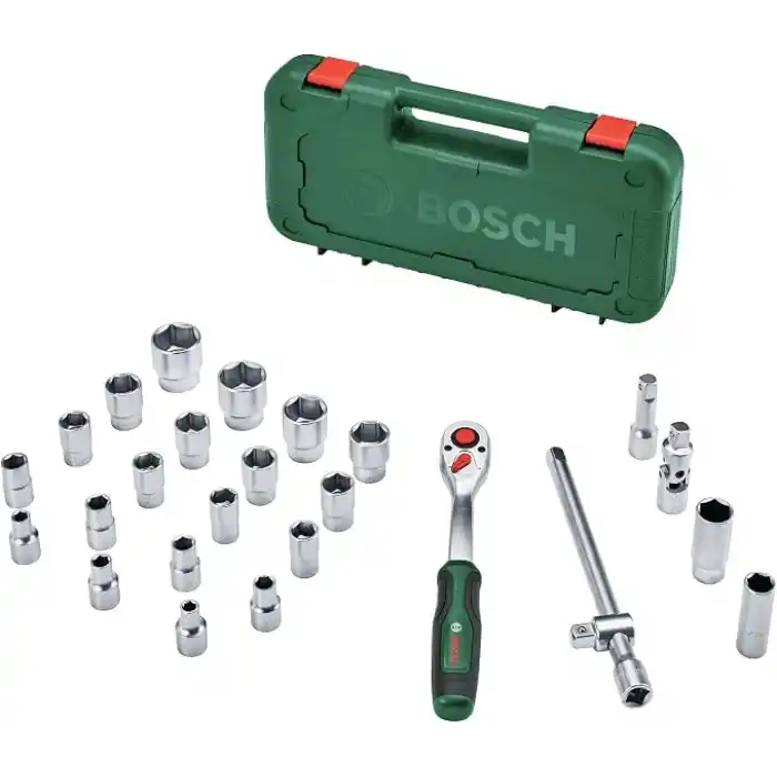 Bosch 1/2 inç cırcır, 25 parçalı set (güçlü mandal; 768 Nmye kadar yüksek tork; kilitleme düğmesi; sezgisel yön değişimi; kavisli boyun; ergonomik yumuşak sap; 24 aksesuar; çanta)