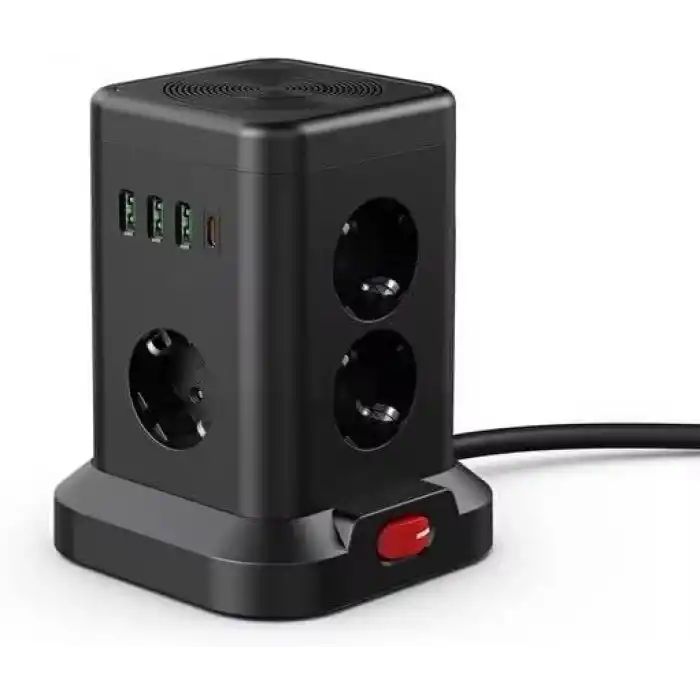SMAYLİNG Kule Tipi Çoklu Priz - 3 USB-A + 1 Type-C Çıkışlı, Akım Korumalı, Tek Tuş Kontrollü Masaüstü Priz