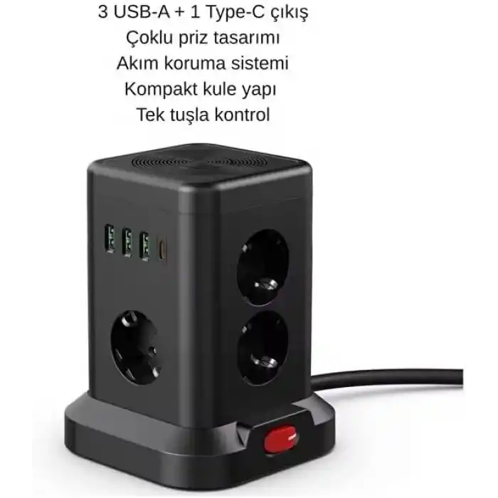 SMAYLİNG Kule Tipi Çoklu Priz - 3 USB-A + 1 Type-C Çıkışlı, Akım Korumalı, Tek Tuş Kontrollü Masaüstü Priz