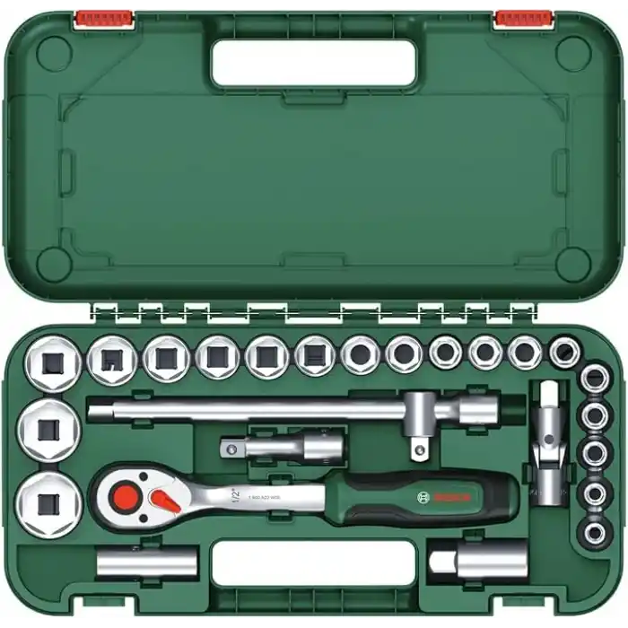 Bosch 1/2 inç cırcır, 25 parçalı set (güçlü mandal; 768 Nmye kadar yüksek tork; kilitleme düğmesi; sezgisel yön değişimi; kavisli boyun; ergonomik yumuşak sap; 24 aksesuar; çanta)