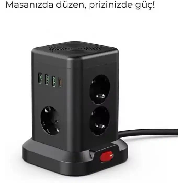 SMAYLİNG Kule Tipi Çoklu Priz - 3 USB-A + 1 Type-C Çıkışlı, Akım Korumalı, Tek Tuş Kontrollü Masaüstü Priz