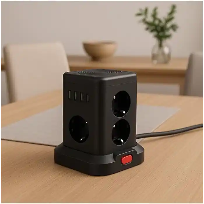 SMAYLİNG Kule Tipi Çoklu Priz - 3 USB-A + 1 Type-C Çıkışlı, Akım Korumalı, Tek Tuş Kontrollü Masaüstü Priz