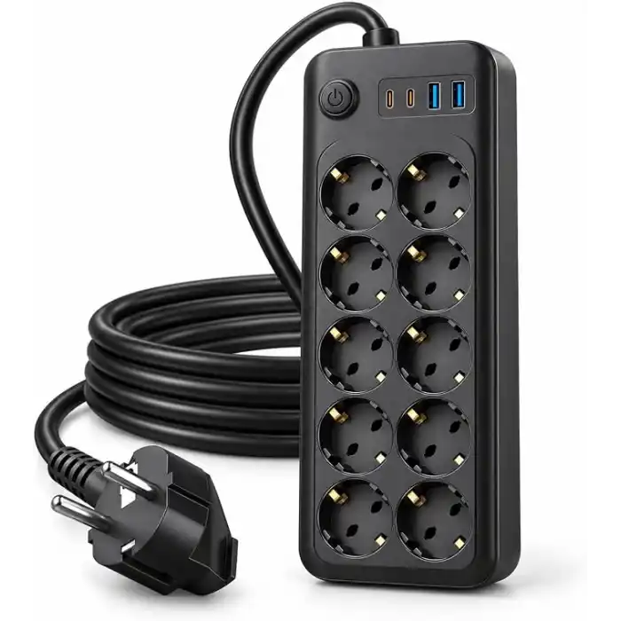 Babilden 2 Metre Termal Akım Korumalı 10lu Priz Çoklayıcı, 2 USB 2 Type-C Girişli 16A 4000W Onlu Dönüştürücü Uzatma Kablosu 10 Adet Anahtarlı Giriş Masaüstü Duvar Çoklu Prizi