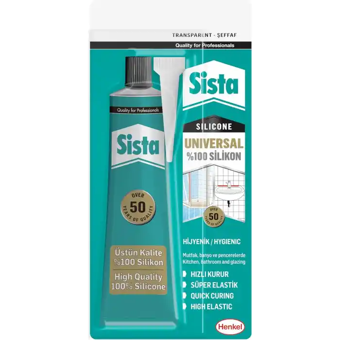 Sista Universal Silikon, Üstün kalite %100 Şeffaf Silikon, Mutfak, Banyo ve Pencereler İçin Hızlı Kuruyan Dolgu Macunu, Sararma ve Küflenme Yapmaz, 50 gr Tüp