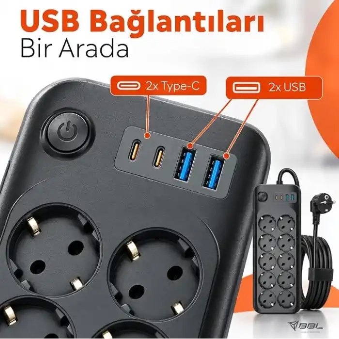 Babilden 2 Metre Termal Akım Korumalı 10lu Priz Çoklayıcı, 2 USB 2 Type-C Girişli 16A 4000W Onlu Dönüştürücü Uzatma Kablosu 10 Adet Anahtarlı Giriş Masaüstü Duvar Çoklu Prizi