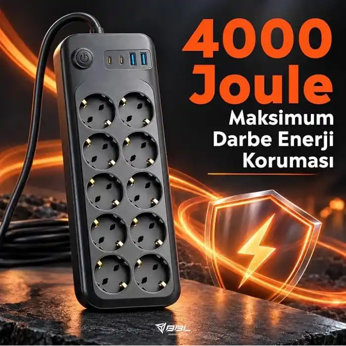 Babilden 2 Metre Termal Akım Korumalı 10lu Priz Çoklayıcı, 2 USB 2 Type-C Girişli 16A 4000W Onlu Dönüştürücü Uzatma Kablosu 10 Adet Anahtarlı Giriş Masaüstü Duvar Çoklu Prizi