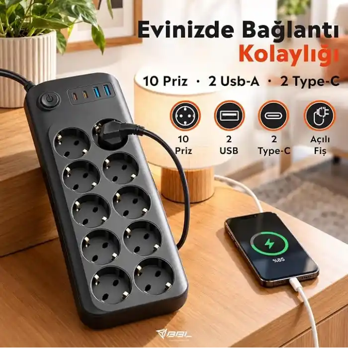 Babilden 2 Metre Termal Akım Korumalı 10lu Priz Çoklayıcı, 2 USB 2 Type-C Girişli 16A 4000W Onlu Dönüştürücü Uzatma Kablosu 10 Adet Anahtarlı Giriş Masaüstü Duvar Çoklu Prizi