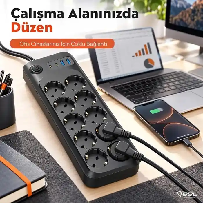 Babilden 2 Metre Termal Akım Korumalı 10lu Priz Çoklayıcı, 2 USB 2 Type-C Girişli 16A 4000W Onlu Dönüştürücü Uzatma Kablosu 10 Adet Anahtarlı Giriş Masaüstü Duvar Çoklu Prizi