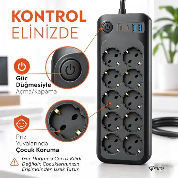 Babilden 2 Metre Termal Akım Korumalı 10lu Priz Çoklayıcı, 2 USB 2 Type-C Girişli 16A 4000W Onlu Dönüştürücü Uzatma Kablosu 10 Adet Anahtarlı Giriş Masaüstü Duvar Çoklu Prizi