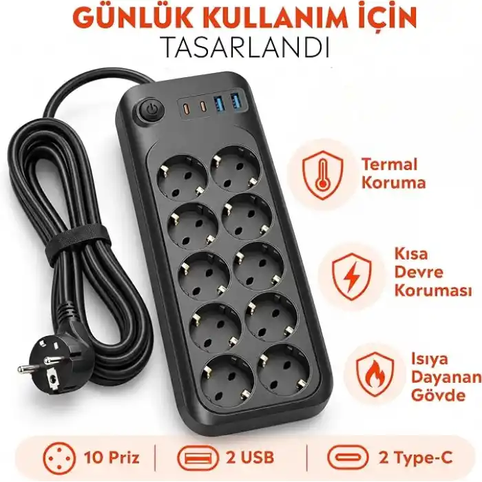 Babilden 2 Metre Termal Akım Korumalı 10lu Priz Çoklayıcı, 2 USB 2 Type-C Girişli 16A 4000W Onlu Dönüştürücü Uzatma Kablosu 10 Adet Anahtarlı Giriş Masaüstü Duvar Çoklu Prizi