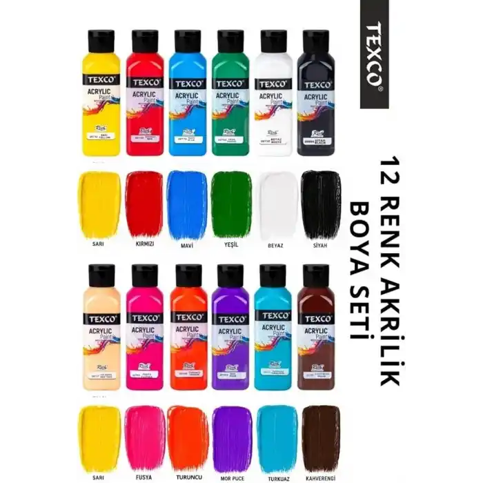 Rich Texco Akrilik Boya Seti, 12 Renk x 130 ml, Su Bazlı