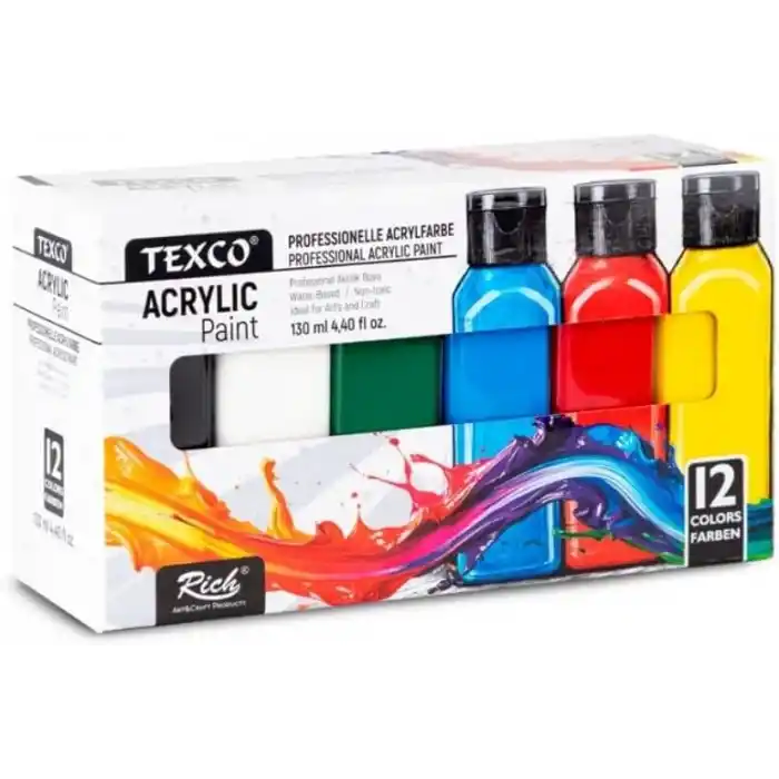 Rich Texco Akrilik Boya Seti, 12 Renk x 130 ml, Su Bazlı