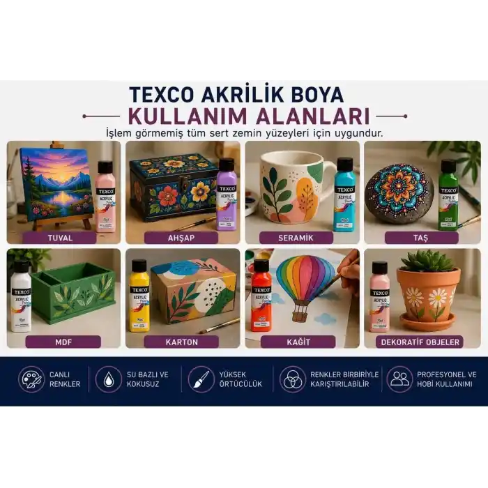 Rich Texco Akrilik Boya Seti, 12 Renk x 130 ml, Su Bazlı