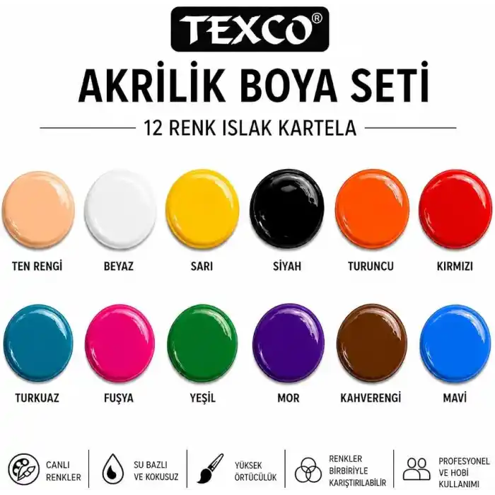 Rich Texco Akrilik Boya Seti, 12 Renk x 130 ml, Su Bazlı