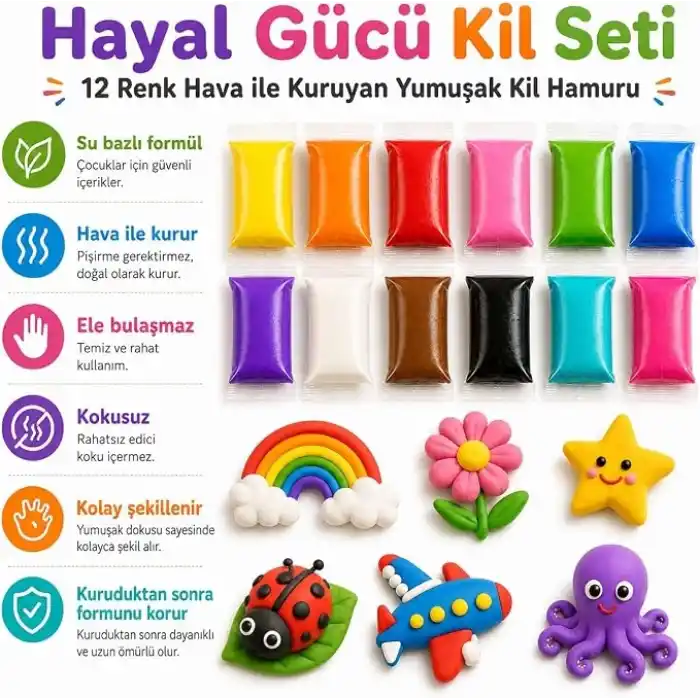 Hayal Gücü Kil Seti - 12 Renkli Hava ile Kuruyan Zıplayan Kil Hamuru, Yumuşak ve Kolay Şekillenen, Kokusuz, Eğitici Aktivite Seti -