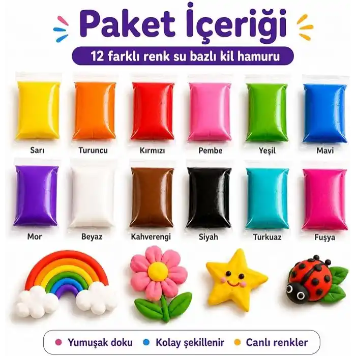 Hayal Gücü Kil Seti - 12 Renkli Hava ile Kuruyan Zıplayan Kil Hamuru, Yumuşak ve Kolay Şekillenen, Kokusuz, Eğitici Aktivite Seti -