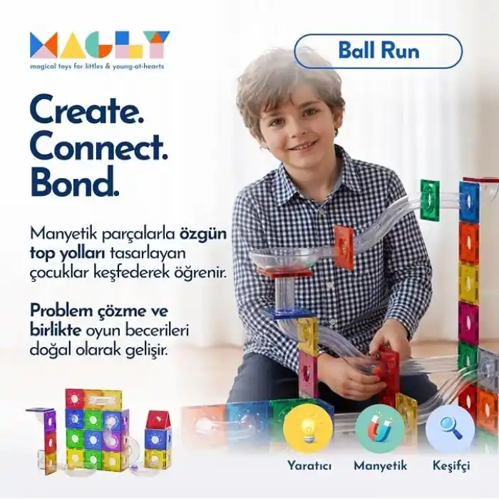 Magly Ball Run Parkur Oyunu – Çocuklar İçin Renkli 3 Boyutlu 101 Parça Yapı Seti - Manyetikler ve Yollar