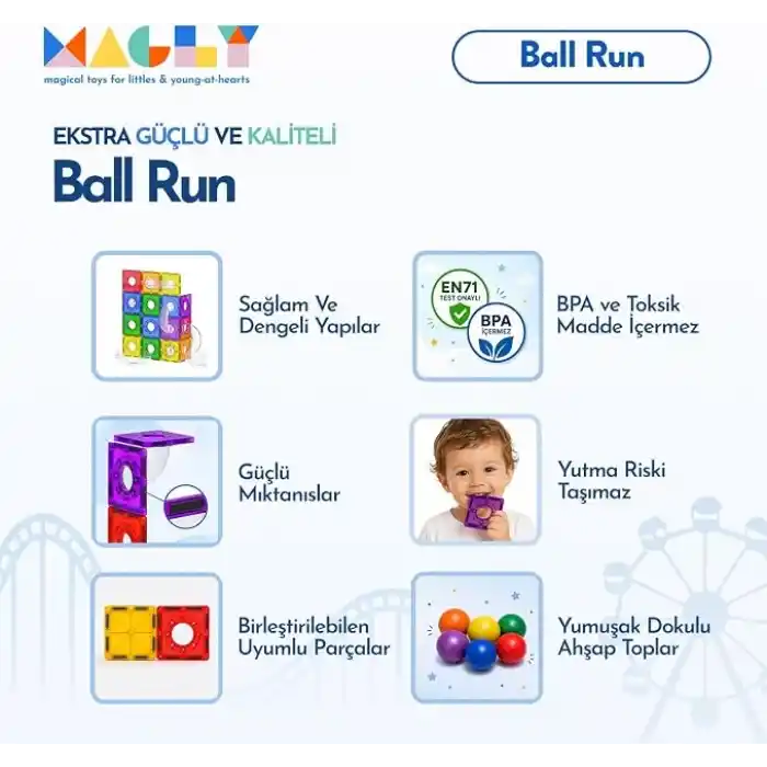 Magly Ball Run Parkur Oyunu – Çocuklar İçin Renkli 3 Boyutlu 101 Parça Yapı Seti - Manyetikler ve Yollar