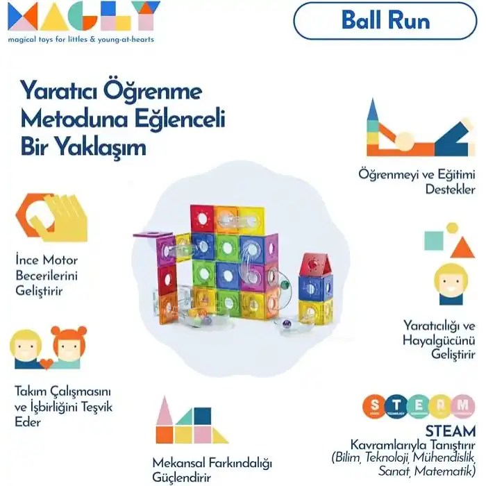 Magly Ball Run Parkur Oyunu – Çocuklar İçin Renkli 3 Boyutlu 101 Parça Yapı Seti - Manyetikler ve Yollar