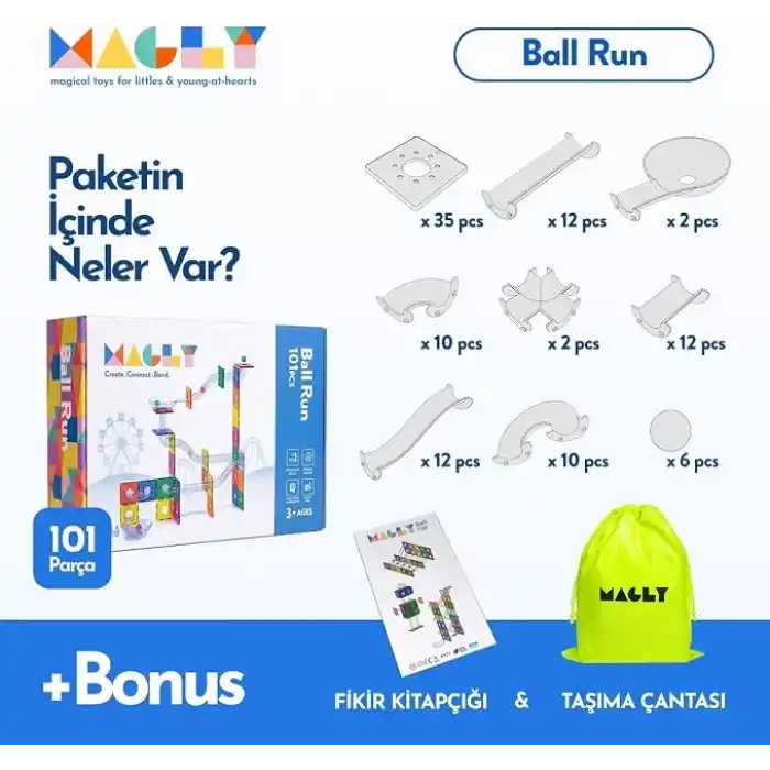 Magly Ball Run Parkur Oyunu – Çocuklar İçin Renkli 3 Boyutlu 101 Parça Yapı Seti - Manyetikler ve Yollar