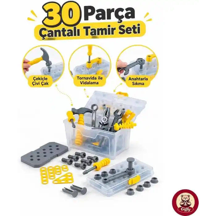 Oyuncak 30 Parça Çantalı Oyuncak Tamir Seti Çekiç Tornavida Pense Anahtar Testere Vidalama Çivi Çakma Vidalama Oyunu Çocuk Alet Seti