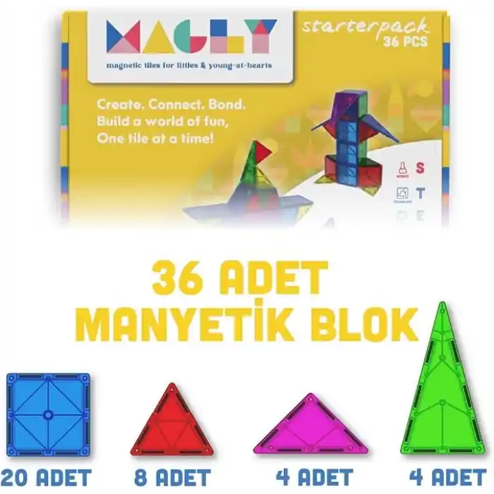 Magly Manyetik Yapı Blokları – Çocuklar Için Renkli 3 Boyutlu 36 Parça Manyetik Karo Oyun Seti