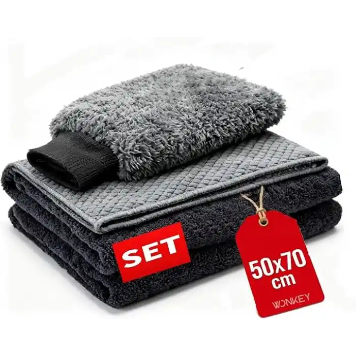 WONKEY - Mikrofiber Oto Yıkama Temizleme Seti | Araç Kurulama Havlusu + Otomobil Cam Bezi + Araba Yıkama Eldiveni Paketi, Profesyonel Araç Bakım Seti (3lü Set)