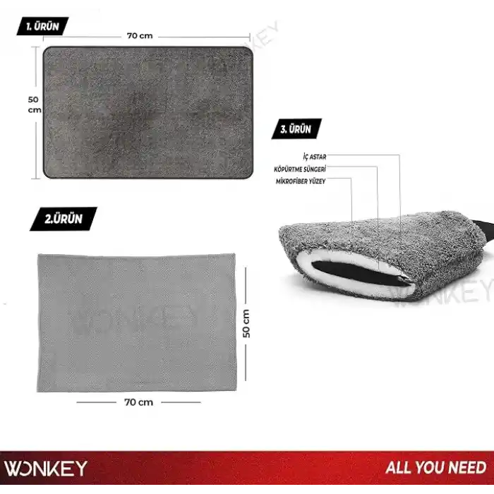 WONKEY - Mikrofiber Oto Yıkama Temizleme Seti | Araç Kurulama Havlusu + Otomobil Cam Bezi + Araba Yıkama Eldiveni Paketi, Profesyonel Araç Bakım Seti (3lü Set)