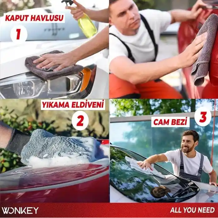 WONKEY - Mikrofiber Oto Yıkama Temizleme Seti | Araç Kurulama Havlusu + Otomobil Cam Bezi + Araba Yıkama Eldiveni Paketi, Profesyonel Araç Bakım Seti (3lü Set)