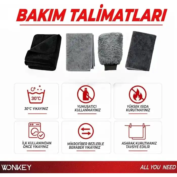 WONKEY - Mikrofiber Oto Yıkama Temizleme Seti | Araç Kurulama Havlusu + Otomobil Cam Bezi + Araba Yıkama Eldiveni Paketi, Profesyonel Araç Bakım Seti (3lü Set)