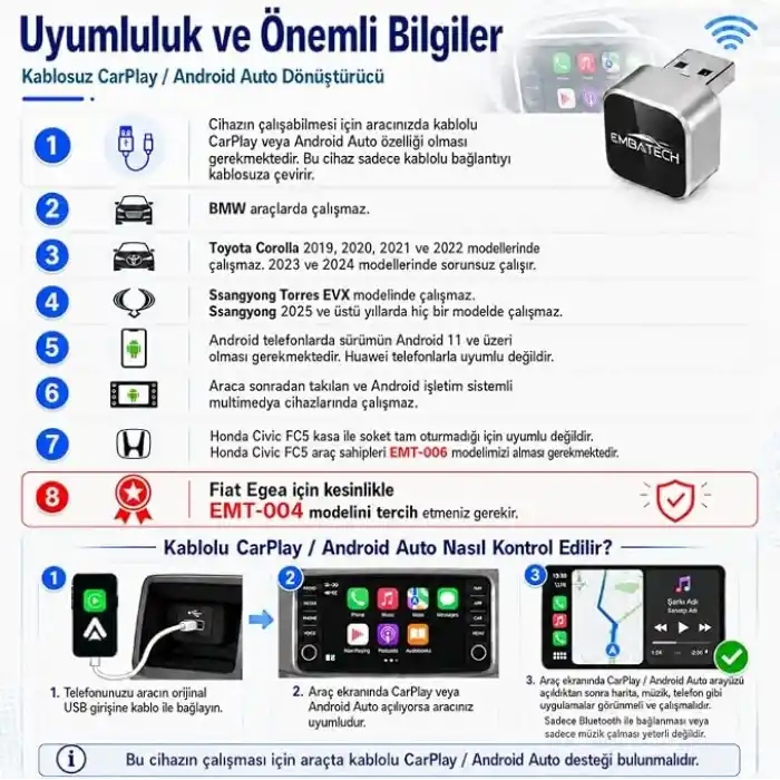 2in1 Kablosuz CarPlay Ve Android Auto Adaptörü (EMT-001)