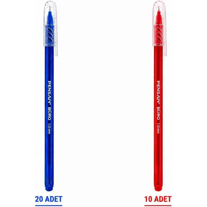 Pensan Büro 2270 Tükenmez Kalem, 1.0 mm Medium Uç, Mavi, Ofis, Okul ve Kırtasiye Kullanımı için Akıcı Yazım Kalemi (mavi 20 - kırmızı 10)