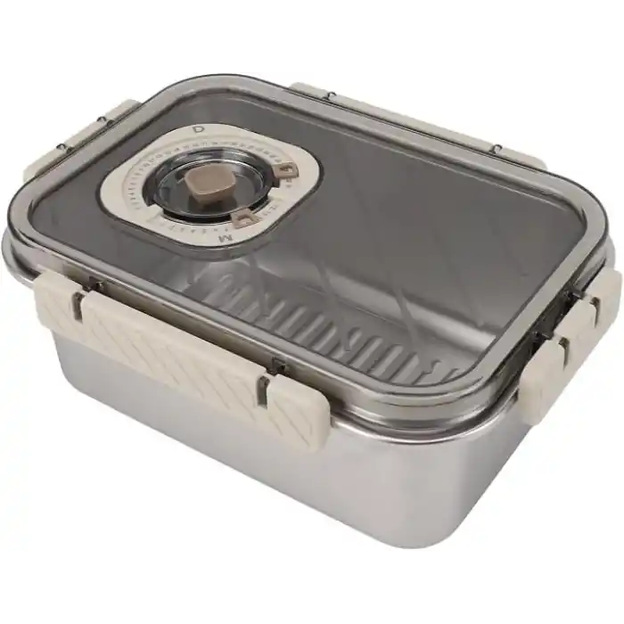 MallArt® Paslanmaz Çelik Saklama Kabı, Tarih İndikatörlü Sızdırmaz Bento Yemek Kabı, Kilitli Kapaklı Ev Akıllı Gıda Koruyucu Sefer Tası (1.6LT Dikdörtgen)