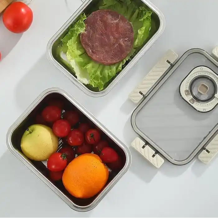 MallArt® Paslanmaz Çelik Saklama Kabı, Tarih İndikatörlü Sızdırmaz Bento Yemek Kabı, Kilitli Kapaklı Ev Akıllı Gıda Koruyucu Sefer Tası (1.6LT Dikdörtgen)