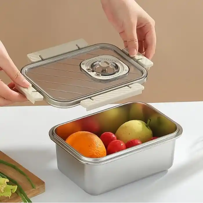 MallArt® Paslanmaz Çelik Saklama Kabı, Tarih İndikatörlü Sızdırmaz Bento Yemek Kabı, Kilitli Kapaklı Ev Akıllı Gıda Koruyucu Sefer Tası (1.6LT Dikdörtgen)