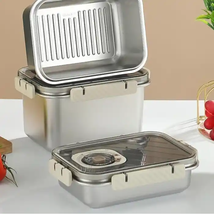 MallArt® Paslanmaz Çelik Saklama Kabı, Tarih İndikatörlü Sızdırmaz Bento Yemek Kabı, Kilitli Kapaklı Ev Akıllı Gıda Koruyucu Sefer Tası (1.6LT Dikdörtgen)